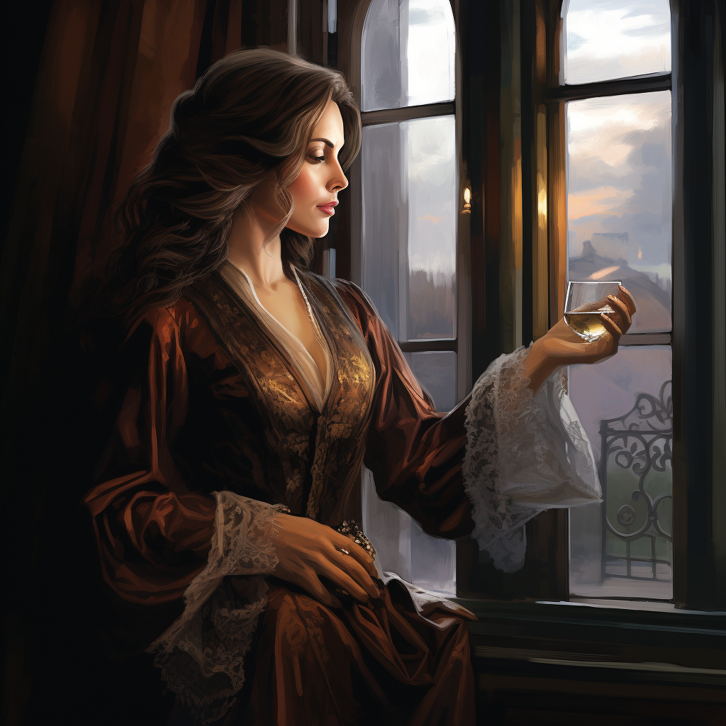 Brown-haired woman in sheer robe with cigar and bourbon